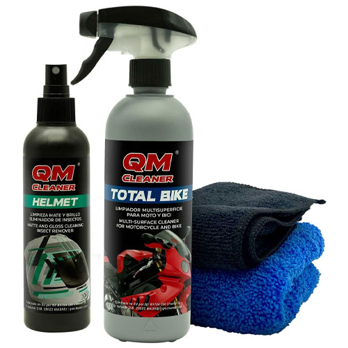 QM Cleaner – Kit Moto y Casco | Para la Limpieza y Cuidado de la Moto y Casco - Incluye Producto Total Bike 500ml, Helmet Insect Remover 200ml y 2 Microfibras